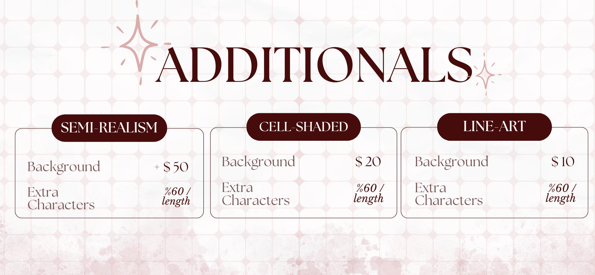 Note: These are base prices. Character design fees may apply. Note: These are base prices. Character design fees may apply.